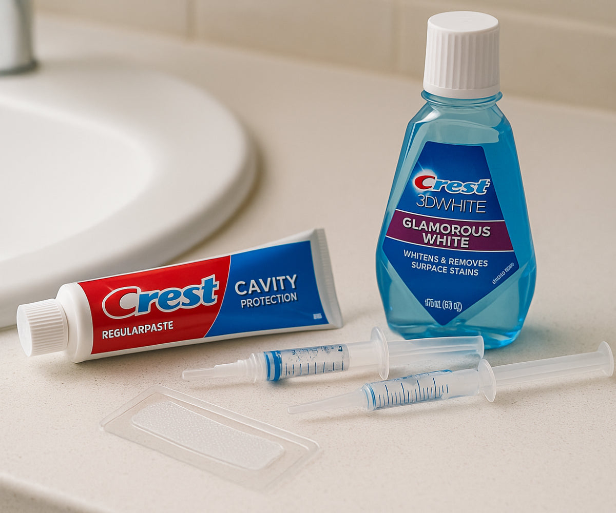 Produits de blanchiment des dents à domicile : dentifrice Crest, bain de bouche Glamorous White et seringues de gel blanchissant